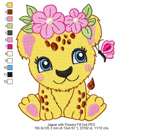 Jaguar Girl with Flowers - Fill Stitch - Machine Embroidery Design