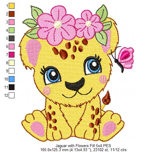 Jaguar Girl with Flowers - Fill Stitch