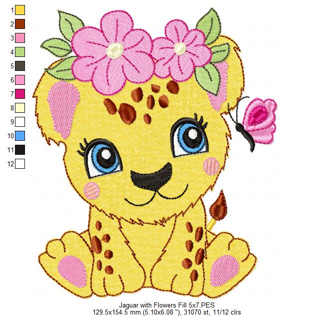 Jaguar Girl with Flowers - Applique & Fill Stitch - Set of 2 designs