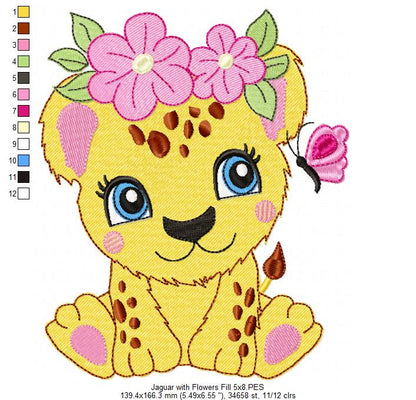 Jaguar Girl with Flowers - Fill Stitch - Machine Embroidery Design