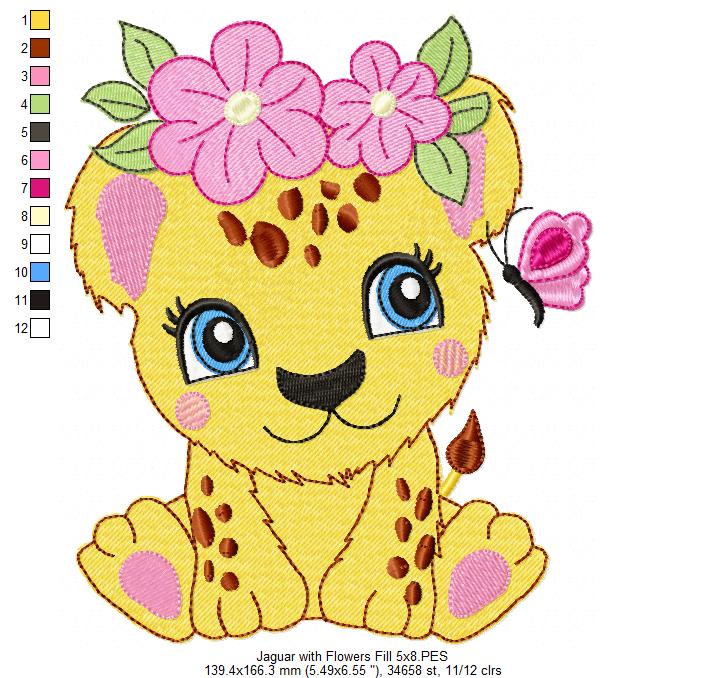 Jaguar Girl with Flowers - Applique & Fill Stitch - Set of 2 designs