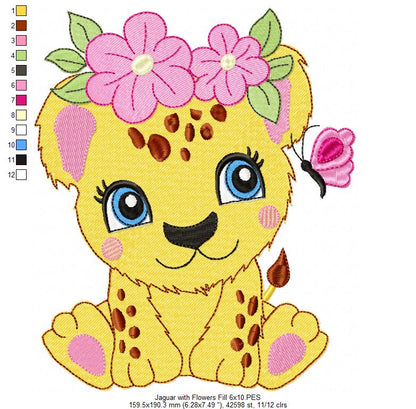 Jaguar Girl with Flowers - Fill Stitch - Machine Embroidery Design