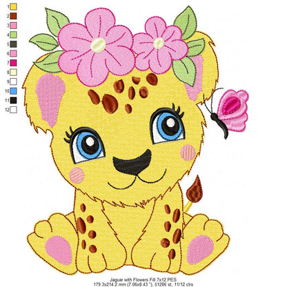 Jaguar Girl with Flowers - Fill Stitch - Machine Embroidery Design
