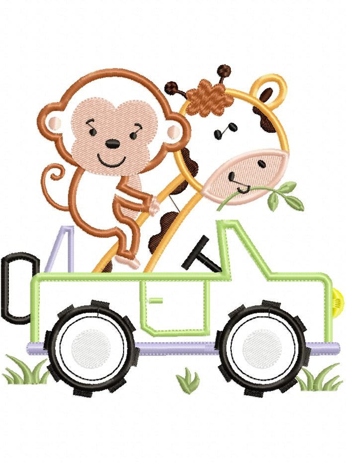 Giraffe and Monkey Driving a Jeep - Safari - Applique