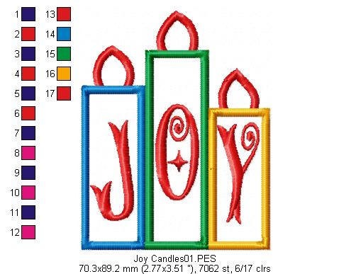 Joy Christmas Candles  - Applique - Machine Embroidery Design
