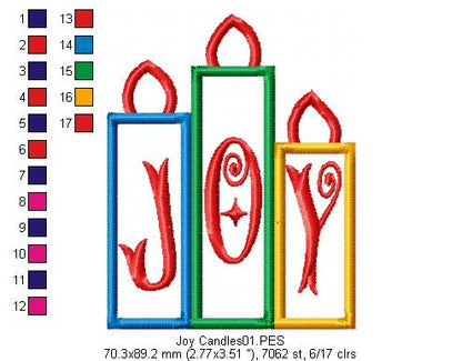 Joy Christmas Candles  - Applique - Machine Embroidery Design