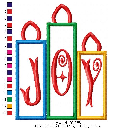 Joy Christmas Candles  - Applique - Machine Embroidery Design