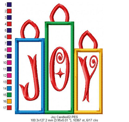 Joy Christmas Candles  - Applique - Machine Embroidery Design
