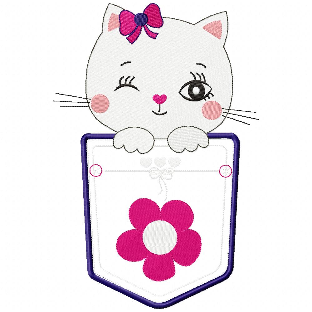 Kitty Cat in the Pocket - Applique - Machine Embroidery Design