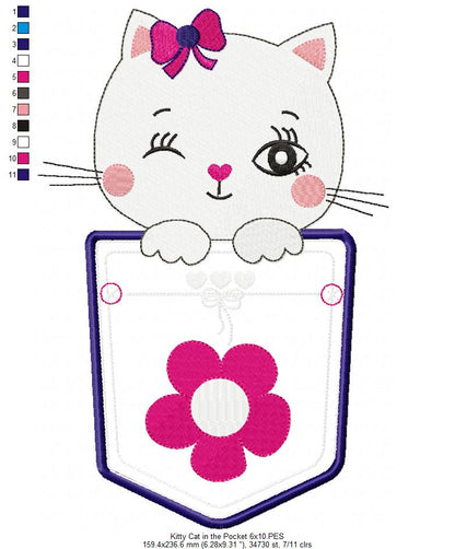 Kitty Cat in the Pocket - Applique - Machine Embroidery Design