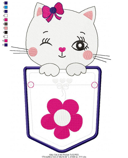 Kitty Cat in the Pocket - Applique - Machine Embroidery Design