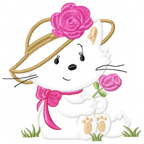 Kitty Girl with hat and Flower - Applique
