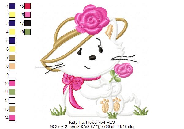 Kitty Girl with hat and Flower - Applique