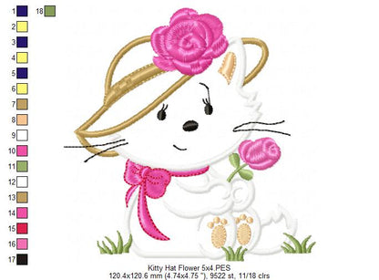 Kitty Girl with hat and Flower - Applique