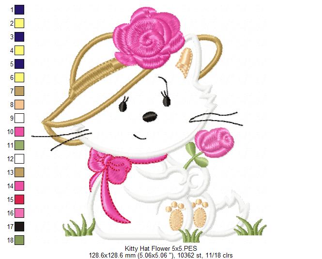 Kitty Girl with hat and Flower - Applique