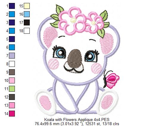 Koala Girl with Flowers - Applique & Fill Stitch - Set of 2 designs