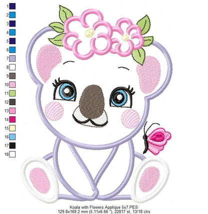 Koala Girl with Flowers - Applique & Fill Stitch - Set of 2 designs