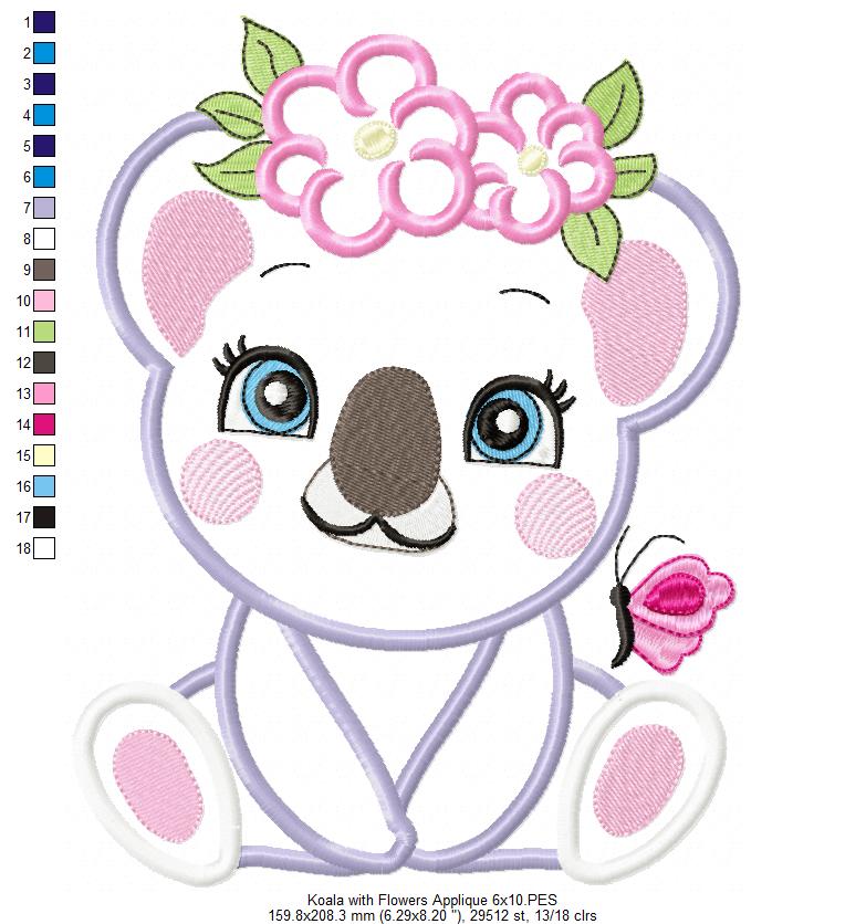 Koala Girl with Flowers - Applique & Fill Stitch - Set of 2 designs