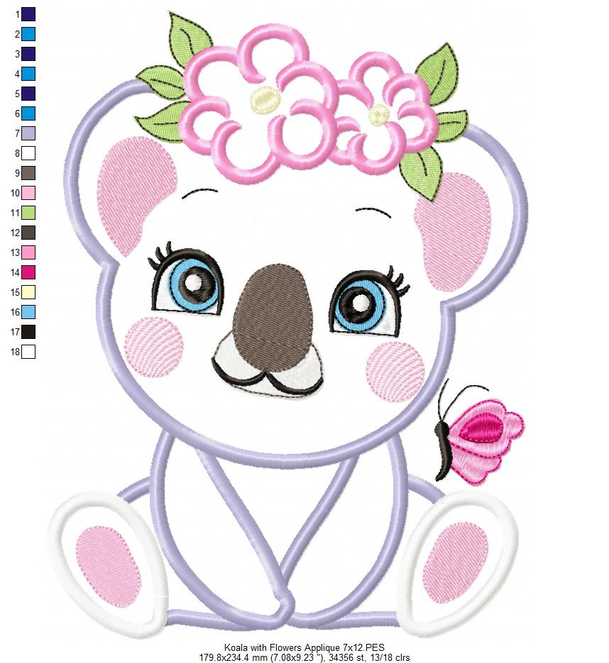 Koala Girl with Flowers - Applique & Fill Stitch - Set of 2 designs