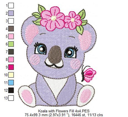 Koala Girl with Flowers - Fill Stitch - Machine Embroidery Design