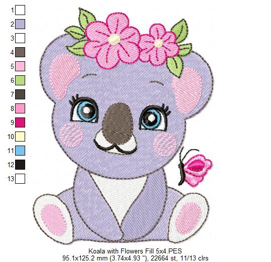 Koala Girl with Flowers - Fill Stitch - Machine Embroidery Design