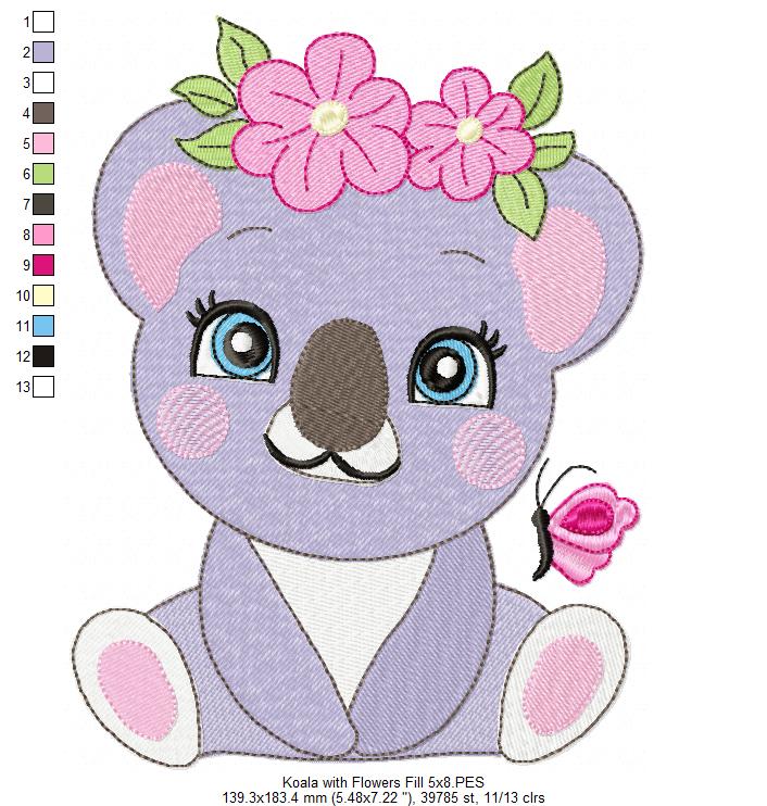 Koala Girl with Flowers - Fill Stitch - Machine Embroidery Design