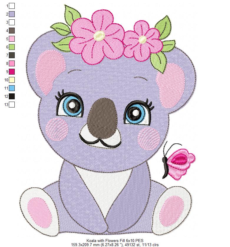 Koala Girl with Flowers - Fill Stitch - Machine Embroidery Design