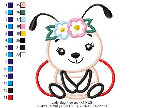Cute Bug Girl Flowers - Applique Embroidery