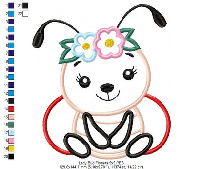 Cute Bug Girl Flowers - Applique Embroidery