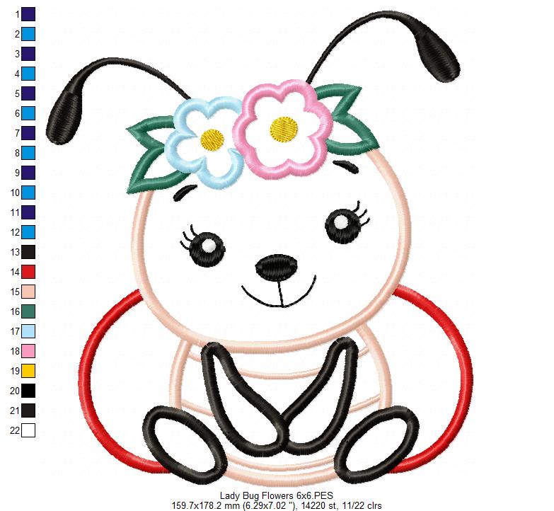 Cute Bug Girl Flowers - Applique Embroidery