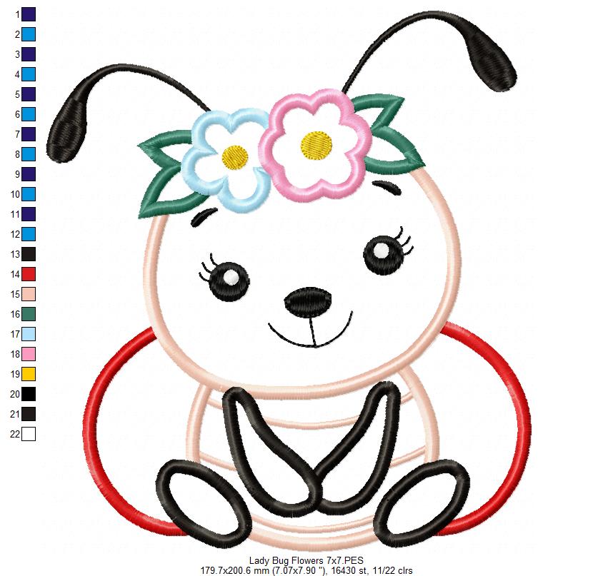 Cute Bug Girl Flowers - Applique Embroidery