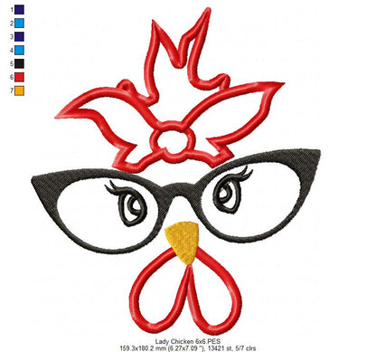 Lady Chicken - Applique - Machine Embroidery Design