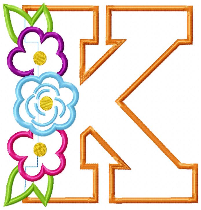 Monogram K and Flowers - Applique - Machine Embroidery Design
