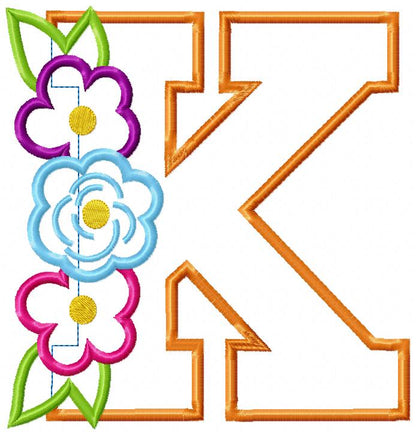 Monogram K and Flowers - Applique - Machine Embroidery Design