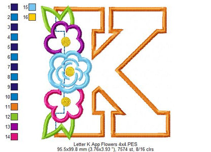 Monogram K and Flowers - Applique - Machine Embroidery Design