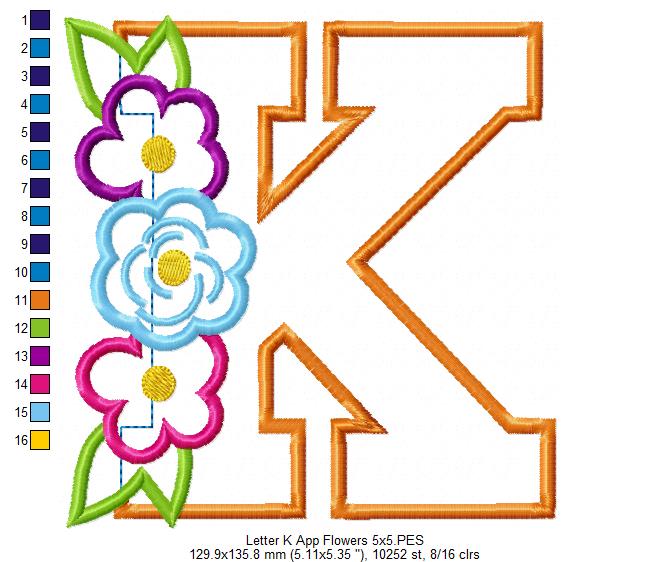 Monogram K and Flowers - Applique - Machine Embroidery Design