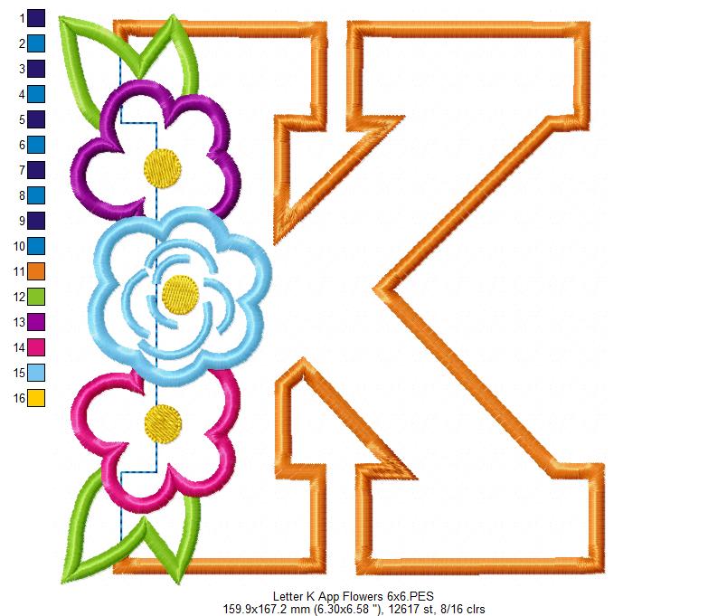 Monogram K and Flowers - Applique - Machine Embroidery Design