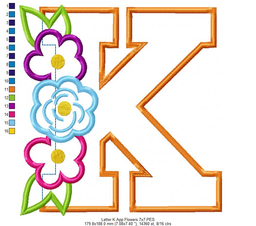 Monogram K and Flowers - Applique - Machine Embroidery Design