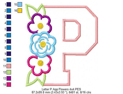 Monogram P and Flowers - Applique - Machine Embroidery Design