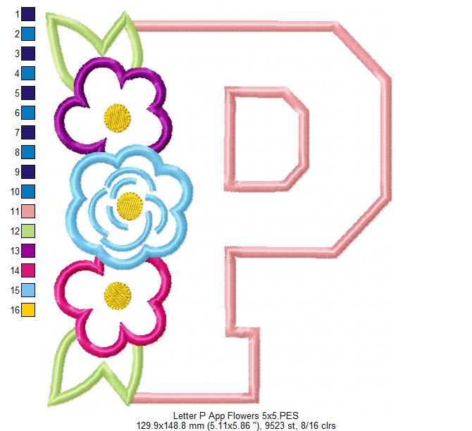 Monogram P and Flowers - Applique - Machine Embroidery Design