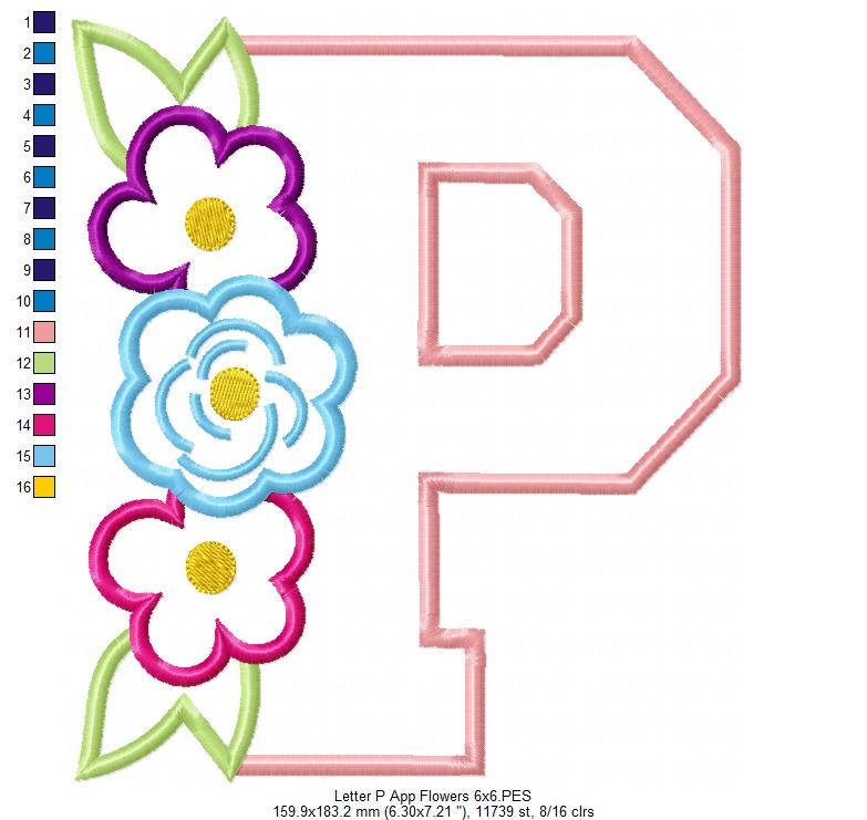 Monogram P and Flowers - Applique - Machine Embroidery Design