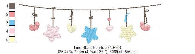 Line of Hearts and Stars - Fill Stitch - Machine Embroidery Design
