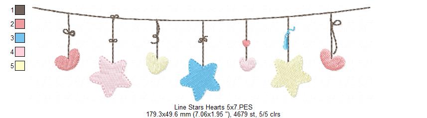Line of Hearts and Stars - Fill Stitch - Machine Embroidery Design