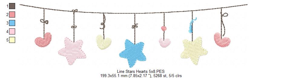 Line of Hearts and Stars - Fill Stitch - Machine Embroidery Design