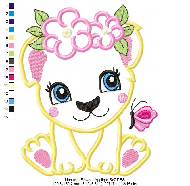 Lion Girl with Flowers - Applique & Fill Stitch - Set of 2 designs
