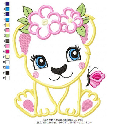Lion Girl with Flowers - Applique & Fill Stitch - Set of 2 designs