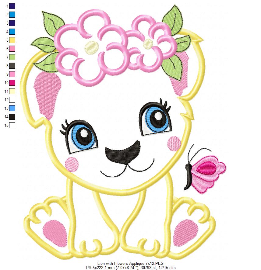 Lion Girl with Flowers - Applique & Fill Stitch - Set of 2 designs