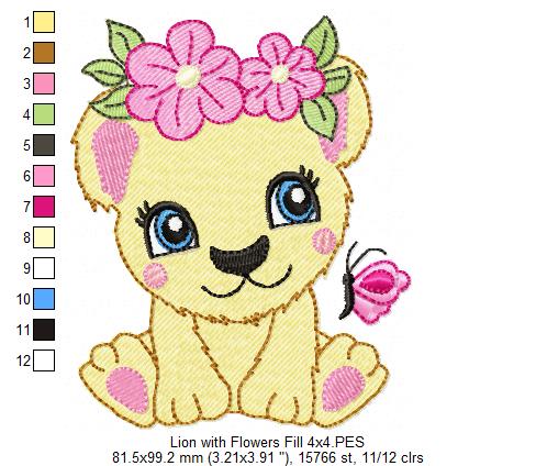 Lion Girl with Flowers - Applique & Fill Stitch - Set of 2 designs