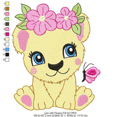 Lion Girl with Flowers - Applique & Fill Stitch - Set of 2 designs