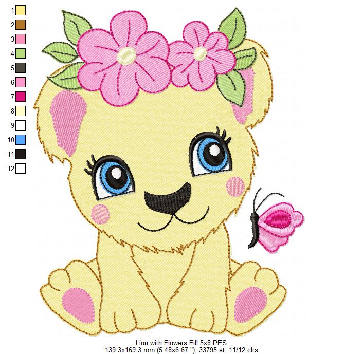 Lion Girl with Flowers - Applique & Fill Stitch - Set of 2 designs